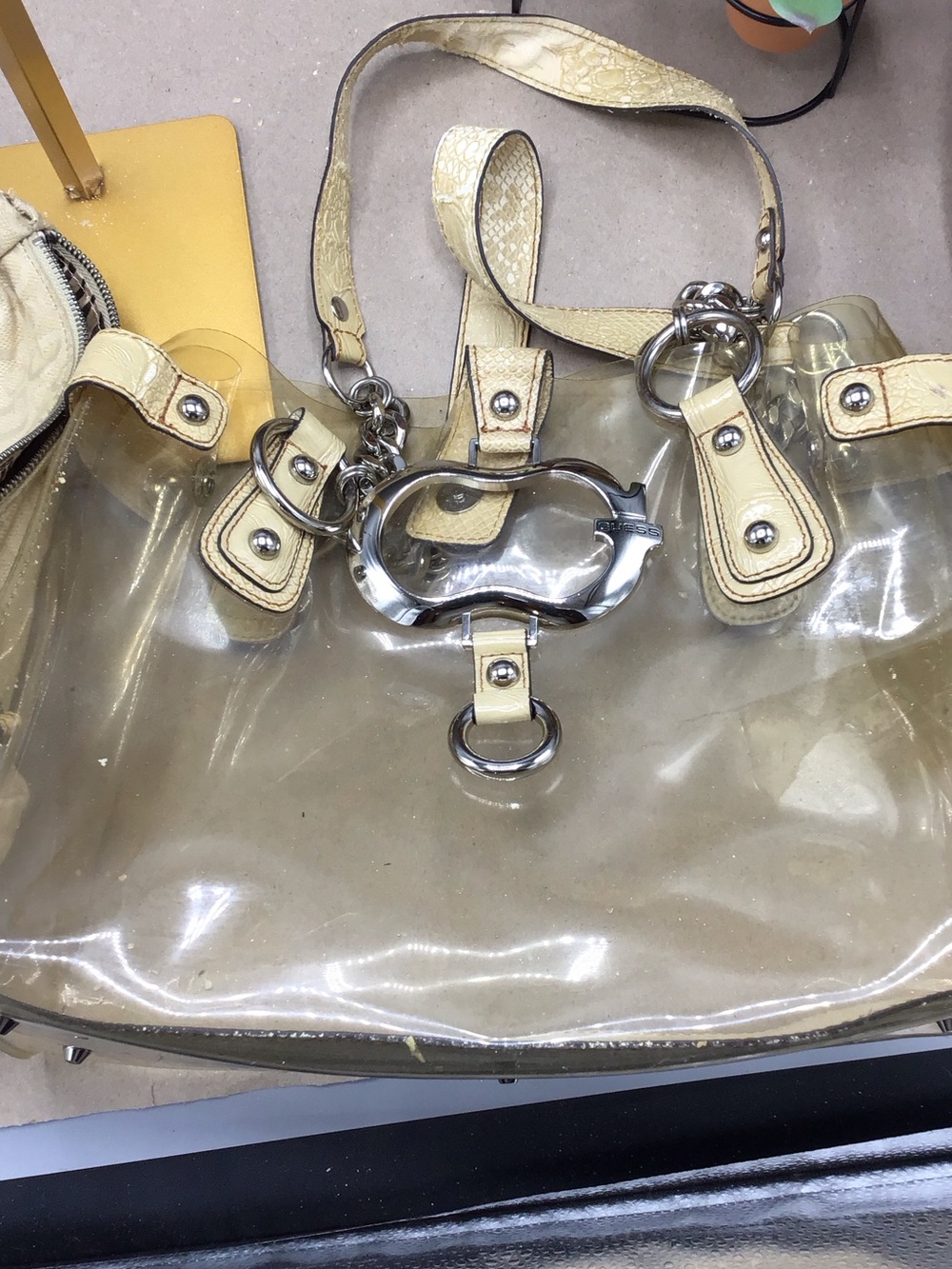 Guess Clear  vintage PVC Tote with Cream Trim and Silver Hardware